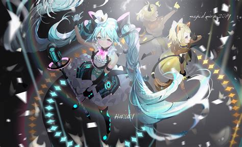 Aliasing Animal Ears Aqua Eyes Aqua Hair Blonde Hair Blue Eyes Bow