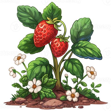 Strawberry Plant With Flowers Isolated On Transparent Background