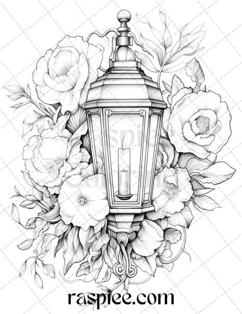 30 Vintage Lantern Flower Grayscale Coloring Pages Printable For Adult