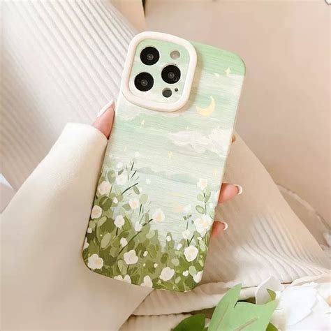 Soft Light Green Phone Case With Clouds Moon And White Flowers Diy