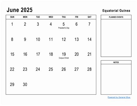 June 2025 Planner with Equatorial Guinea Holidays