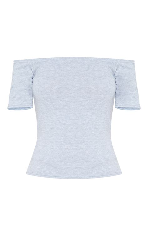 Grey Bardot Short Sleeve Top Tops Prettylittlething Aus