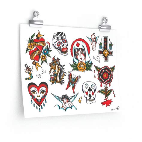 Traditional Tattoo Flash Sheet Print Inspired By Bert Grimm Etsy Canada