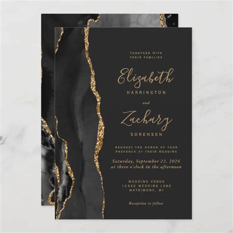 Modern Black Gold Agate Dark Wedding Invitation Zazzle Dark Wedding