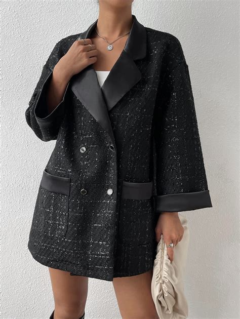 Shein X Calle Y Poch Shein Priv Plaid Tweed Double Breasted Overcoat