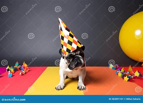 Funny And Friendly Cute French Bulldog Wearing A Birthday Party Hat In