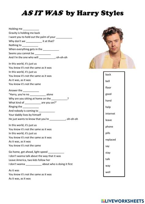 Song As It Was By Harry Styles Worksheet English Words Learn