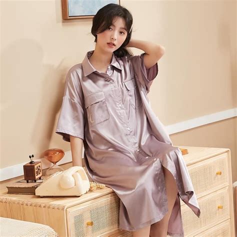 Pyjama Femme Long Pyjama Femme Nuisette Satin Chemise De Nuit En