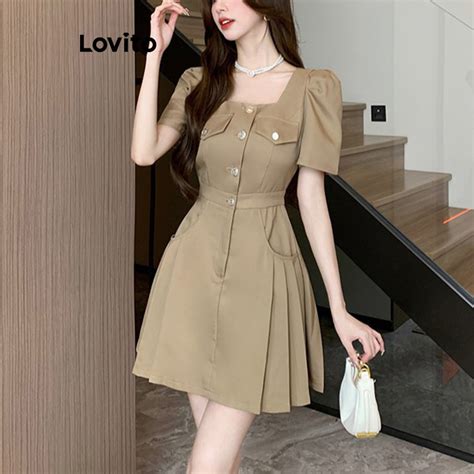 Lovito Casual Plain Button Front Pleated Dress For Women Lne