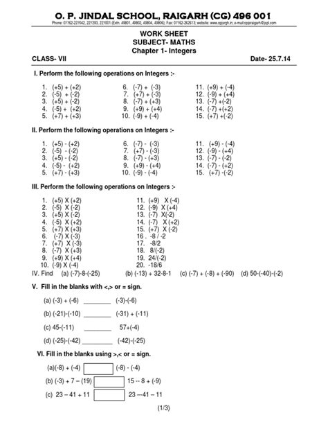 Cbse Class Maths Worksheet Integers Pdf Nature Worksheets Library