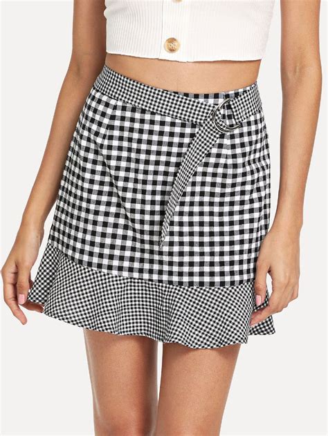 Adjustable Belted Ruffle Hem Plaid Skirt Shein Sheinside Plaid