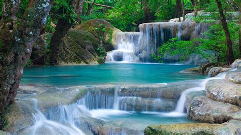 Beautiful Scenery Green Trees Waterfalls On Stone Rocks Stream Forest ...