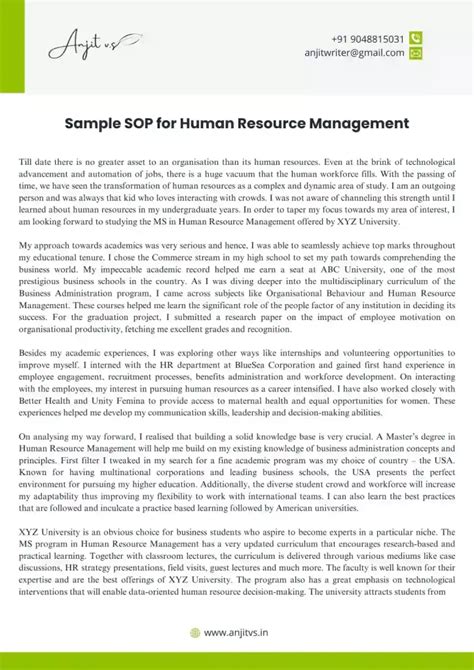 Sop For Human Resource Management Free Sample Pdf