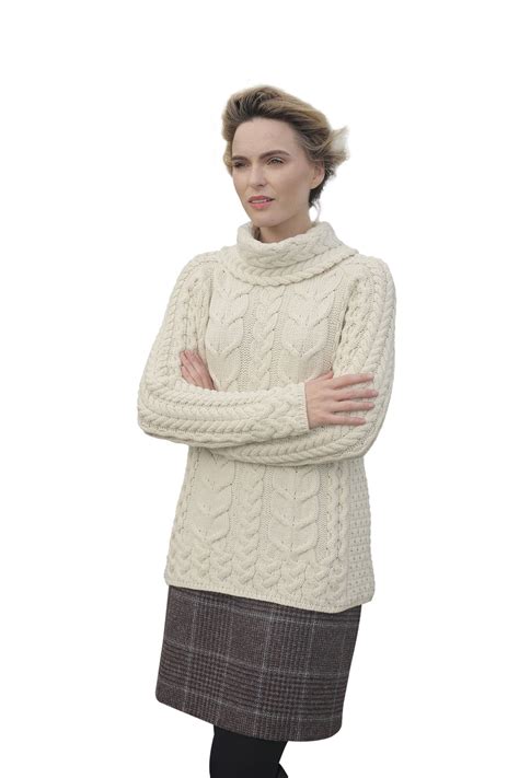 Irish Wool Sweater Merino Wool Aran Cable Knit Pullover Cowl Neck Warm