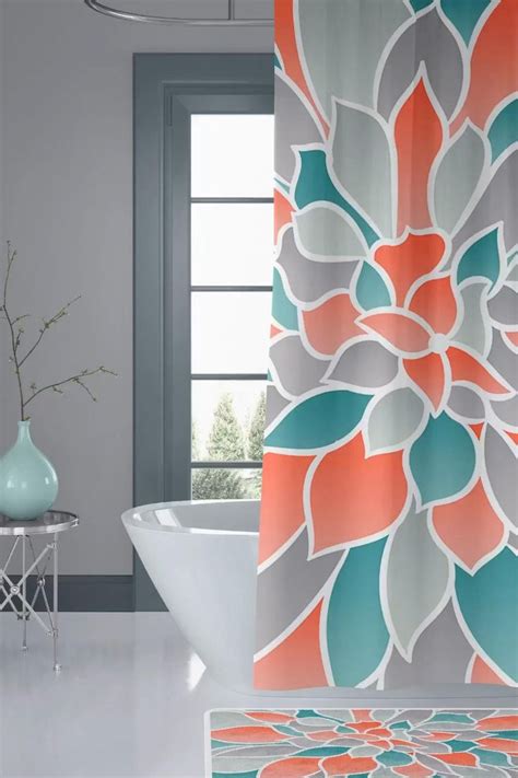 Pretty Bathroom Ideas Teal Grey And Coral Shower Curtain For Grey