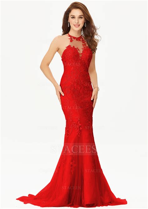 Trumpet Mermaid Scalloped Neck Lace Tulle Satin Sweep Train Prom Dress