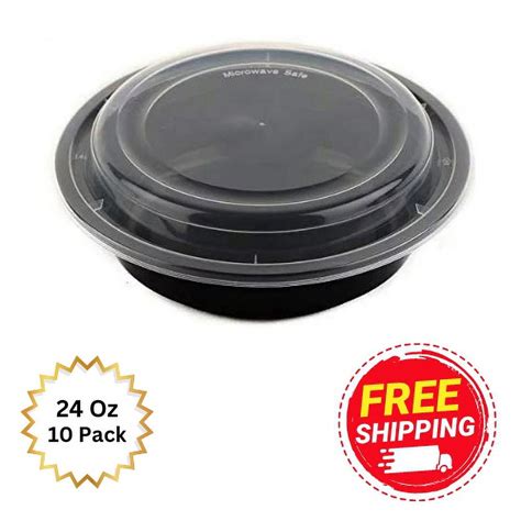 10 Pack 24 Oz Meal Prep Round Black Containers With Clear Lids