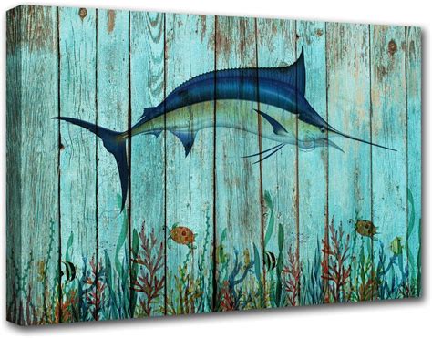 Aaberic Jumping Blue Marlin Fish Paintings Coral Wall Art Swordfish
