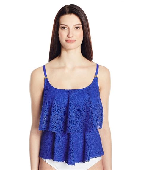 24th And Ocean Womens Sheer Brilliance Crochet Tiered Tankini Cobalt C712myjjvhc