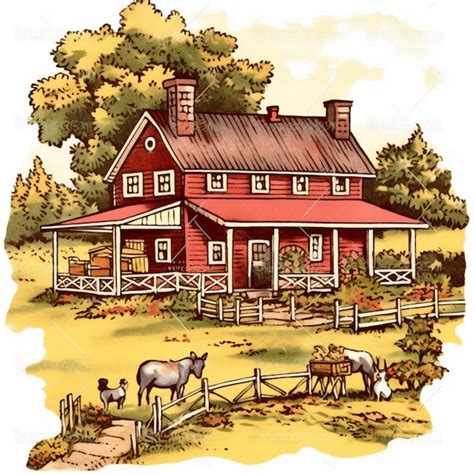 Premium Ai Image A Cartoon Farm Scene With A Red House And A Cow