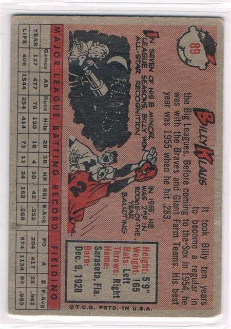 1958 Topps 89 Billy Klaus Boston Red Sox EBay