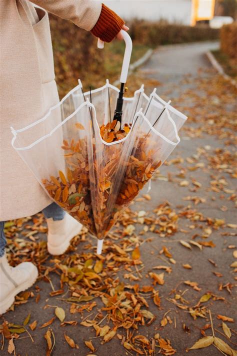 A Person Holding An Umbrella With Leaves On The Ground In Front Of Them