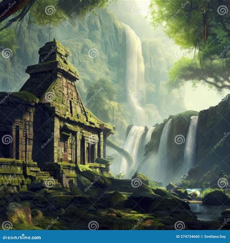 Stone Temple Ruins Covered with Moss and a Waterfall in a Jungle