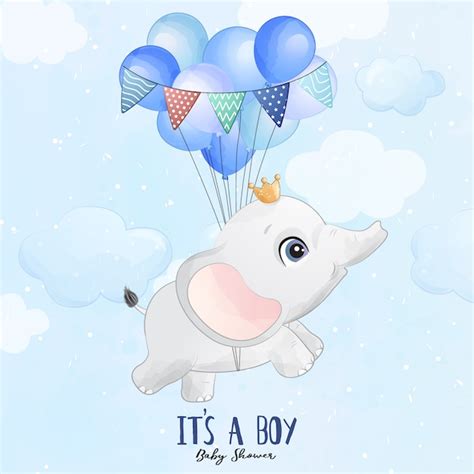 Lindo bebé elefante volando con ilustración de globo Vector Premium