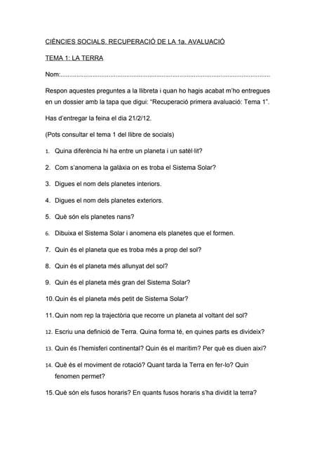 Recuperació Tema 1 Ciències Socials Pdf