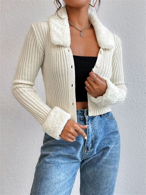 Borg Collar Ribbed Knit Cardigan Knitting Women Cardigan Knit Cardigan Sweater Turtleneck Outfit