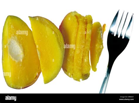 Mango Fruit White Background And Fork Stock Photo Alamy