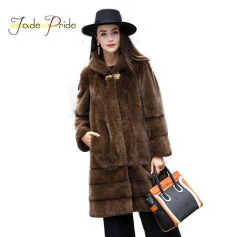 Jade Pride Luxury Real Mink Fur Coats Vogue Women Winter Medium