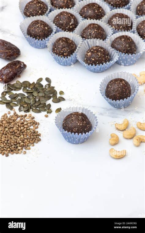 Homemade Vegan Cacao Date Seeds And Nut Energy Balls Made With Medjool Dates Cashew Nuts Hemp