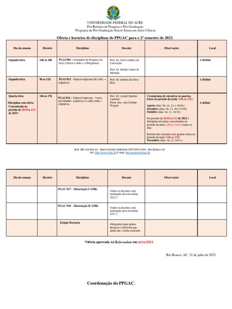 Quadro De Horário E Oferta De Disciplinas Ppgac 20232 Sem Ementa Pdf Pós Graduação