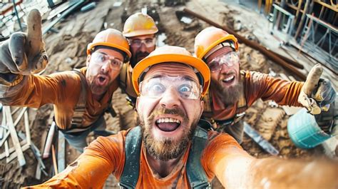 Premium Photo A Group Of Funny Cheerful Construction Workers Wearing