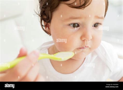 Female Toddler Being Spoon Fed Stock Photo Alamy