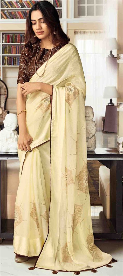 Casual Party Wear White And Off White Color Chiffon Fabric Saree