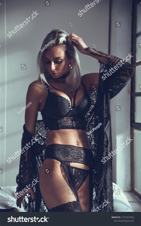 Amazing Blonde Black Underwear Posing On Stock Photo 1727327353 Shutterstock