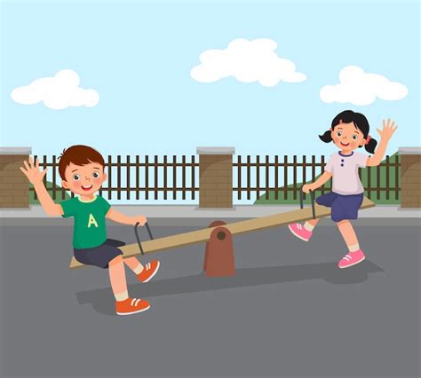 Premium Vector Happy Little Boy And Girl Kids Playing Swinging On