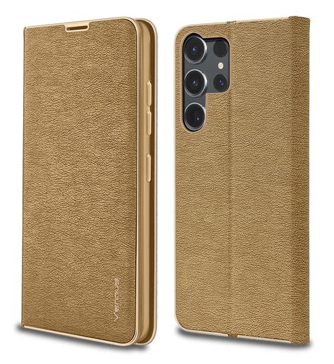 Etui Do Samsung Galaxy S24 Ultra Eleganckie Zamykane Złote Ze Szkłem