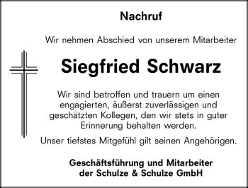 Traueranzeigen Von Siegfried Schwarz Schwarzw Lder Bote Trauer