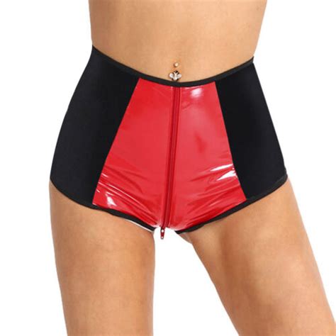 Women Lingerie Wet Look Pvc High Cut Front Zippered Briefs Underwear