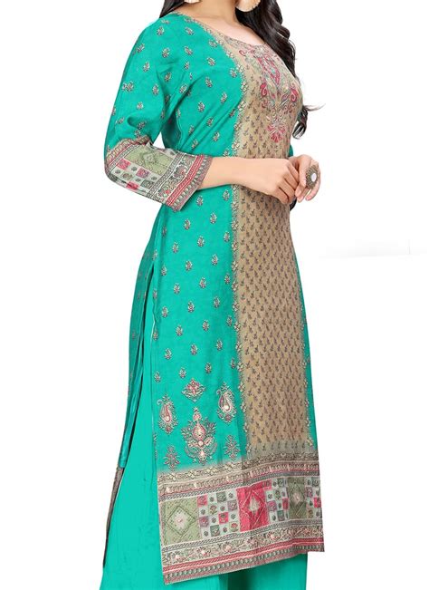 Shop Turquoise Muslin Resham And Zari Palazzo Suit After Six Wear