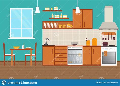 Cocina Interior Con Muebles Ilustraci N Vectorial De Estilo Plano