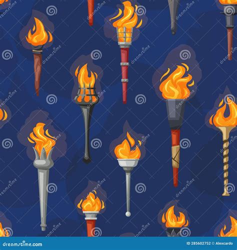 Medieval Burning Cartoon Torches Pattern Different Shaped Torch Lights