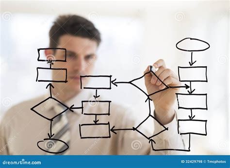 Businessman Drawing Strategy On Transparent Whiteboard In Office Stock