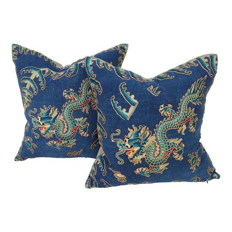 Image Of Chinese Micro Embroidered Dragon Pillows A Pair Indigo Throw