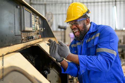 Hand Accident Worker With Hand Injury From Machine Working Worker