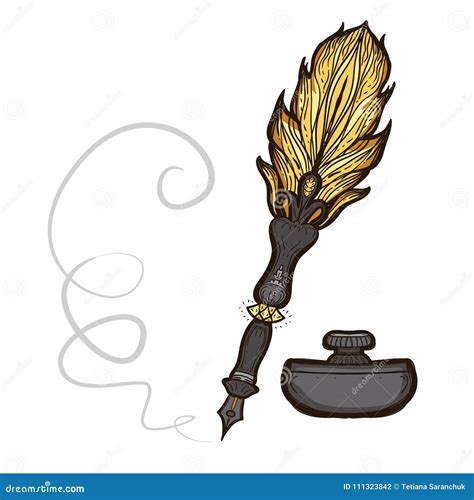 Feather Fountain Pen Colored Sketch Ancient Pen Stock Vector