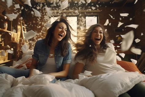 Premium Photo Playful Lesbian Couple Having A Pillow Fight In Generative Ai